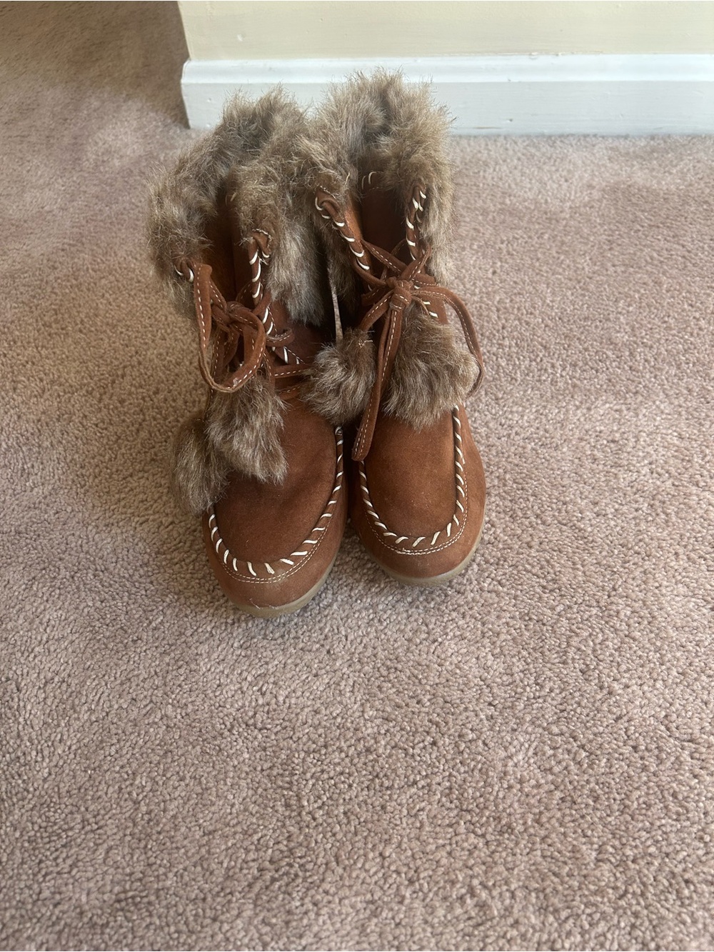 BAMBOO Brown Faux Fur Wedge Ankle Boots